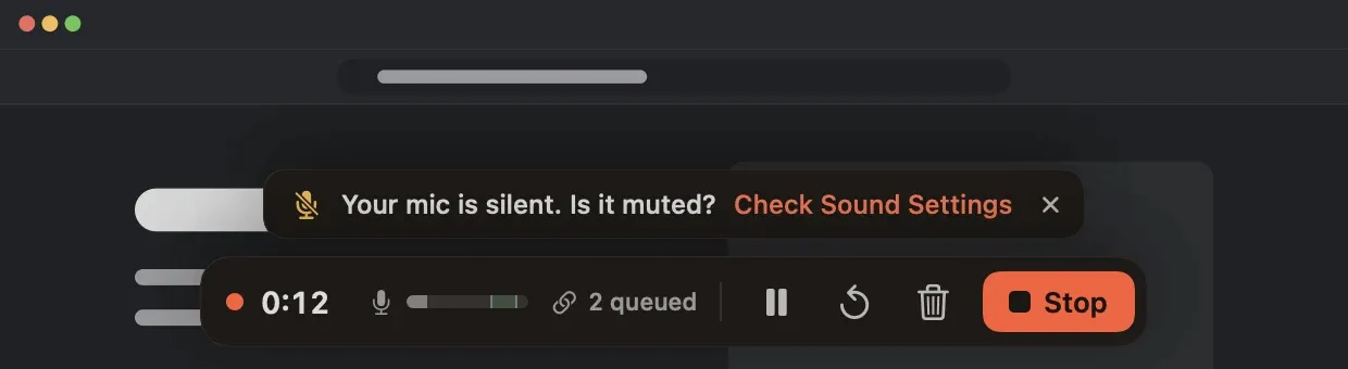 The recording bar with a warning above it: Your mic is silent. Is it muted? Check Sound Settings.
