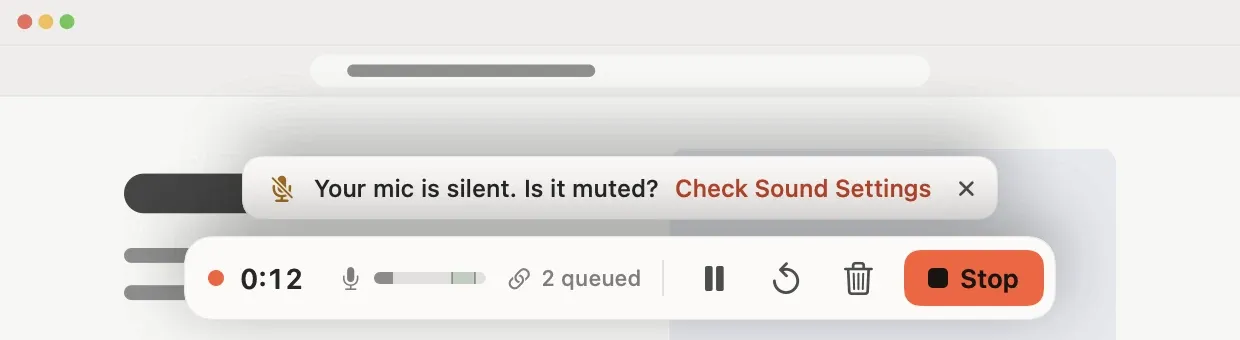 The recording bar with a warning above it: Your mic is silent. Is it muted? Check Sound Settings.