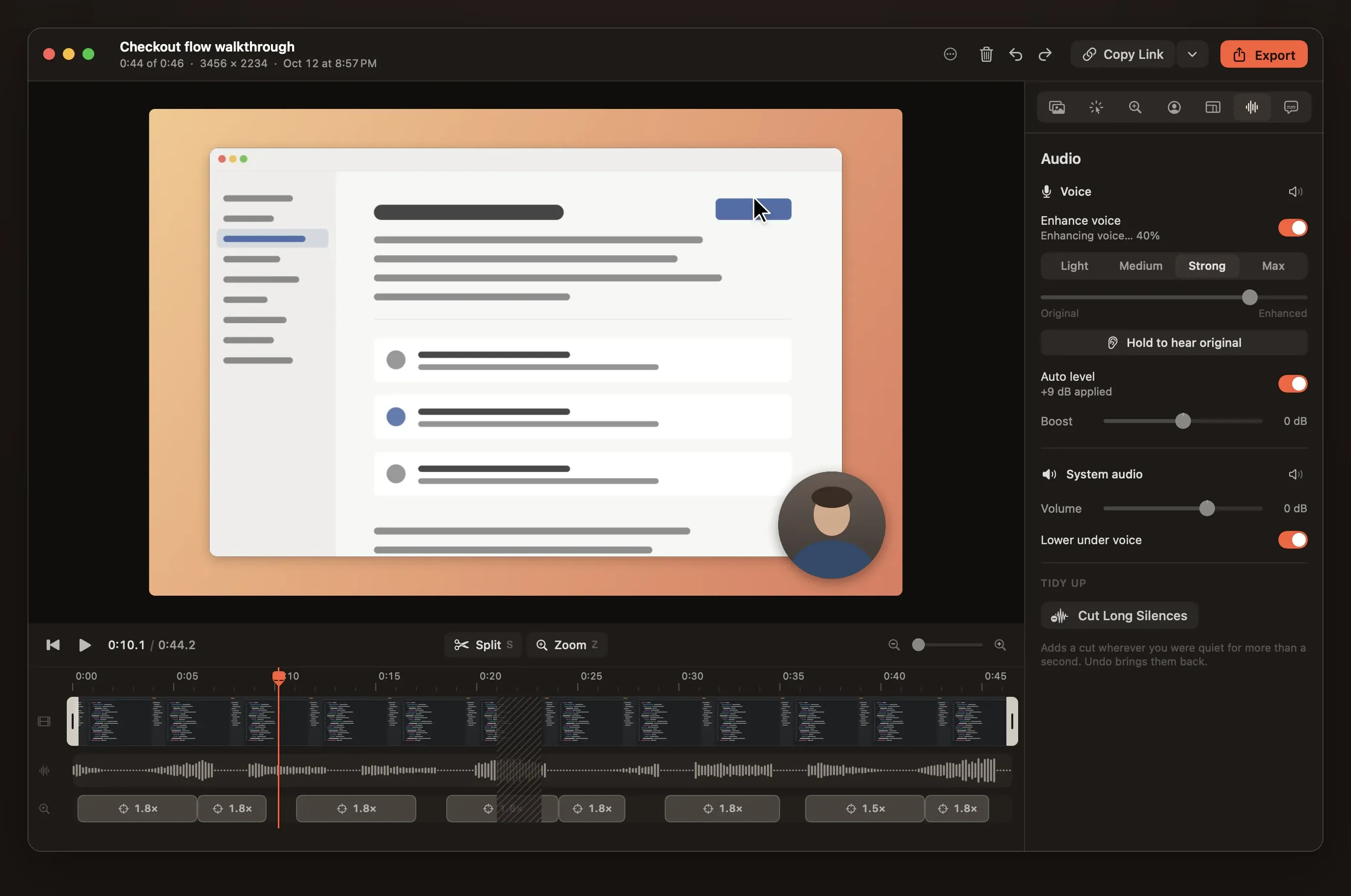 The editor's Audio inspector: Enhance voice with a strength setting, Auto level, a microphone boost and Lower system audio while speaking.