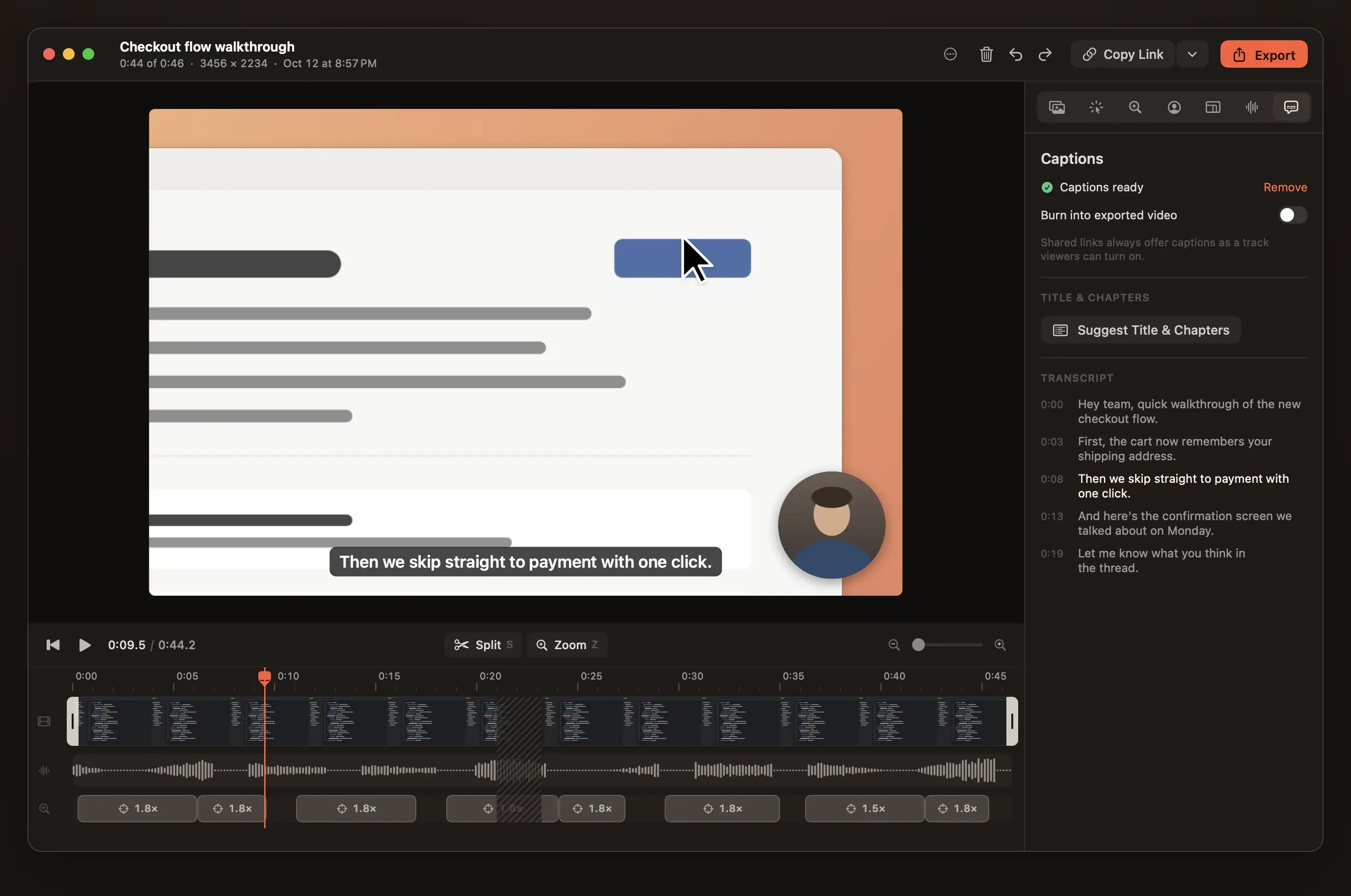 The Captions inspector with captions shown over the recording in the preview.