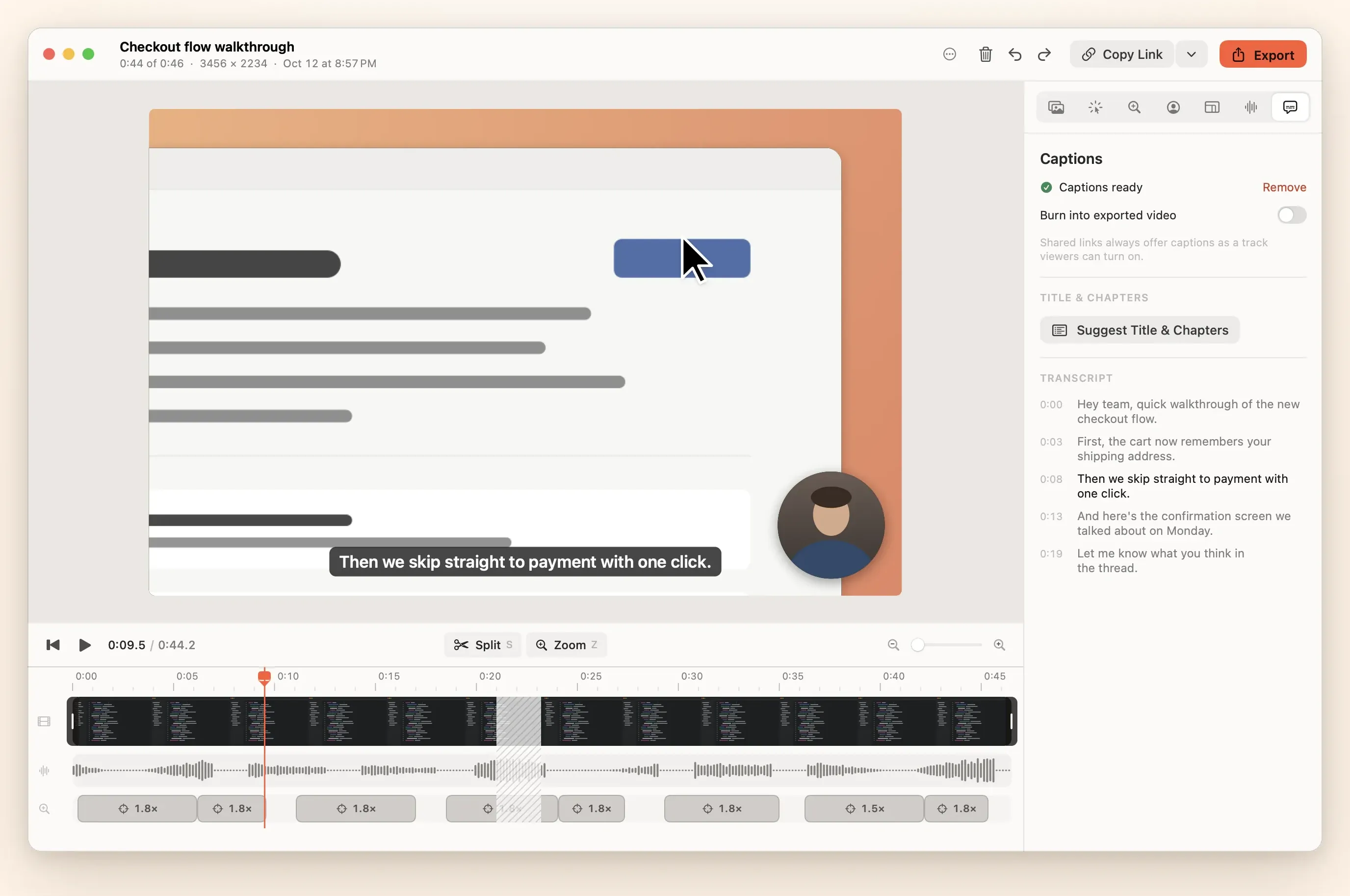 The Captions inspector with captions shown over the recording in the preview.