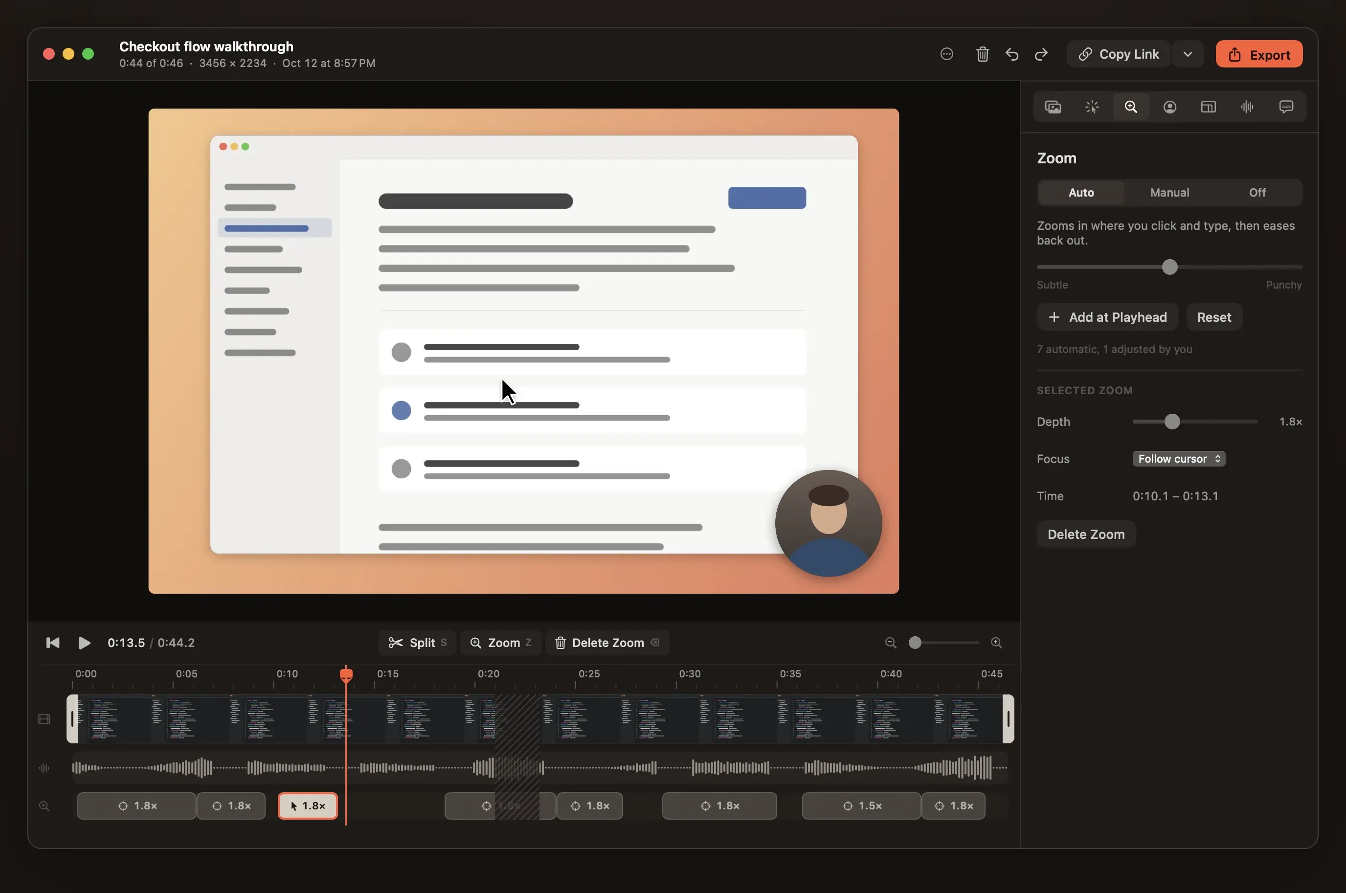 The Reelbird editor with the Zoom inspector open: Auto zoom with a Subtle to Punchy slider, and zoom regions marked on the timeline.