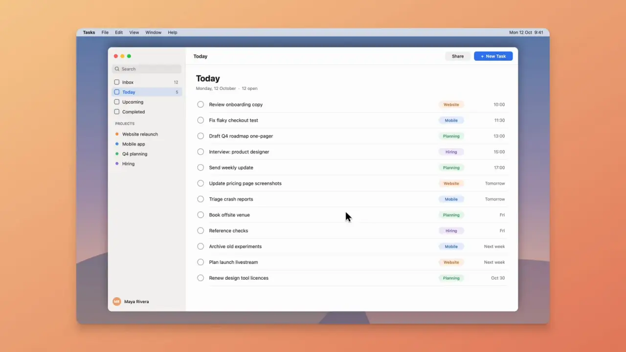 A Reelbird export of a task app: the view zooms in on each click, then out again, with a smooth cursor.