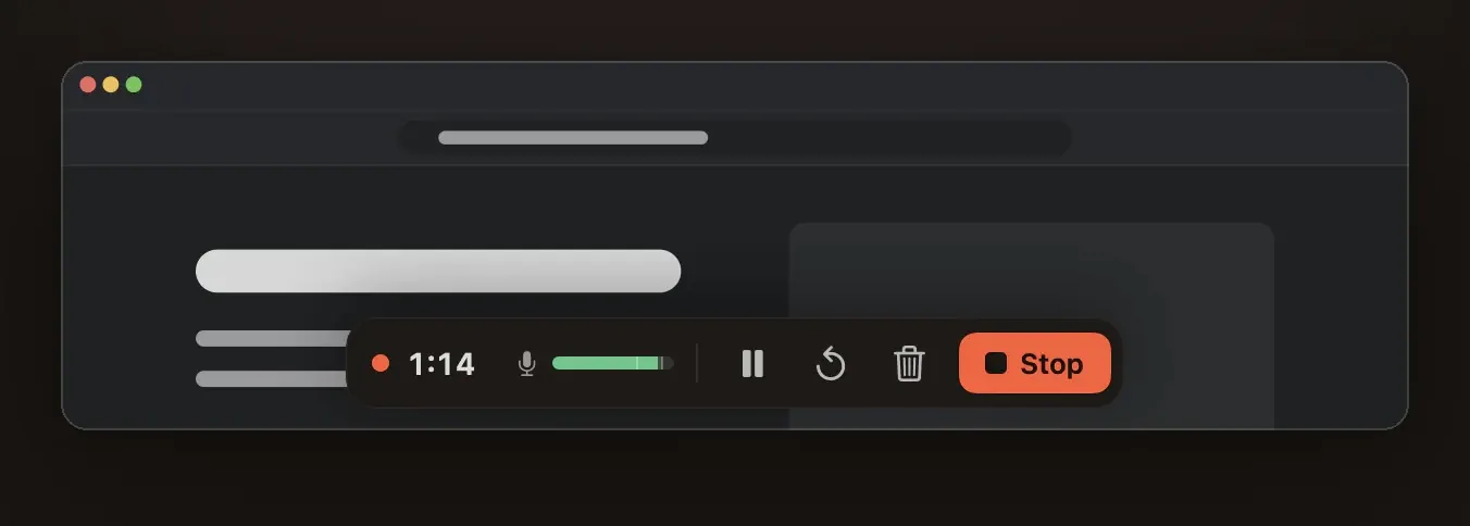 The recording bar: timer at 1:14, microphone level, pause, restart, delete and a Stop button.