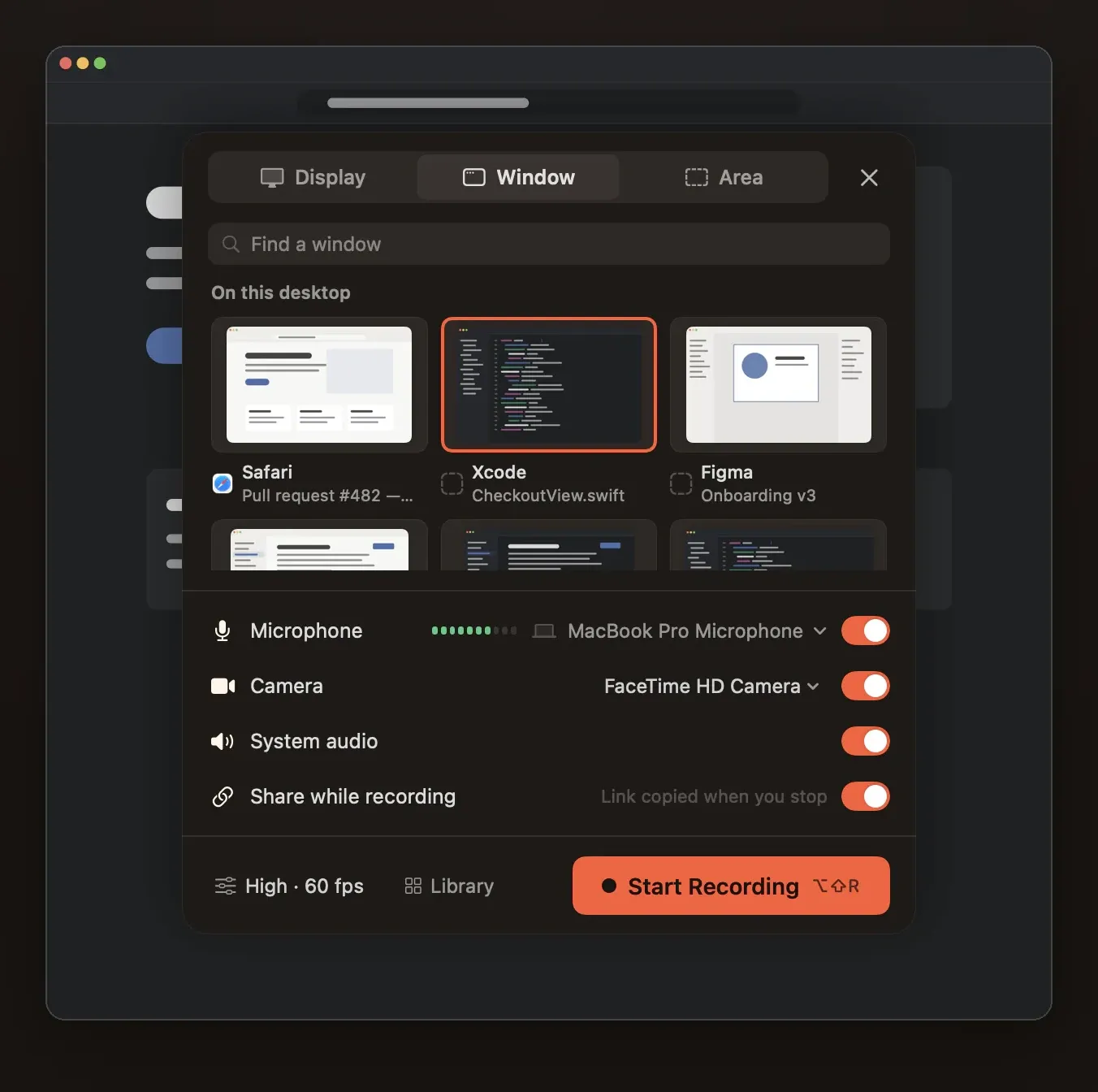 The picker with Microphone, Camera, System audio and Share while recording switches.