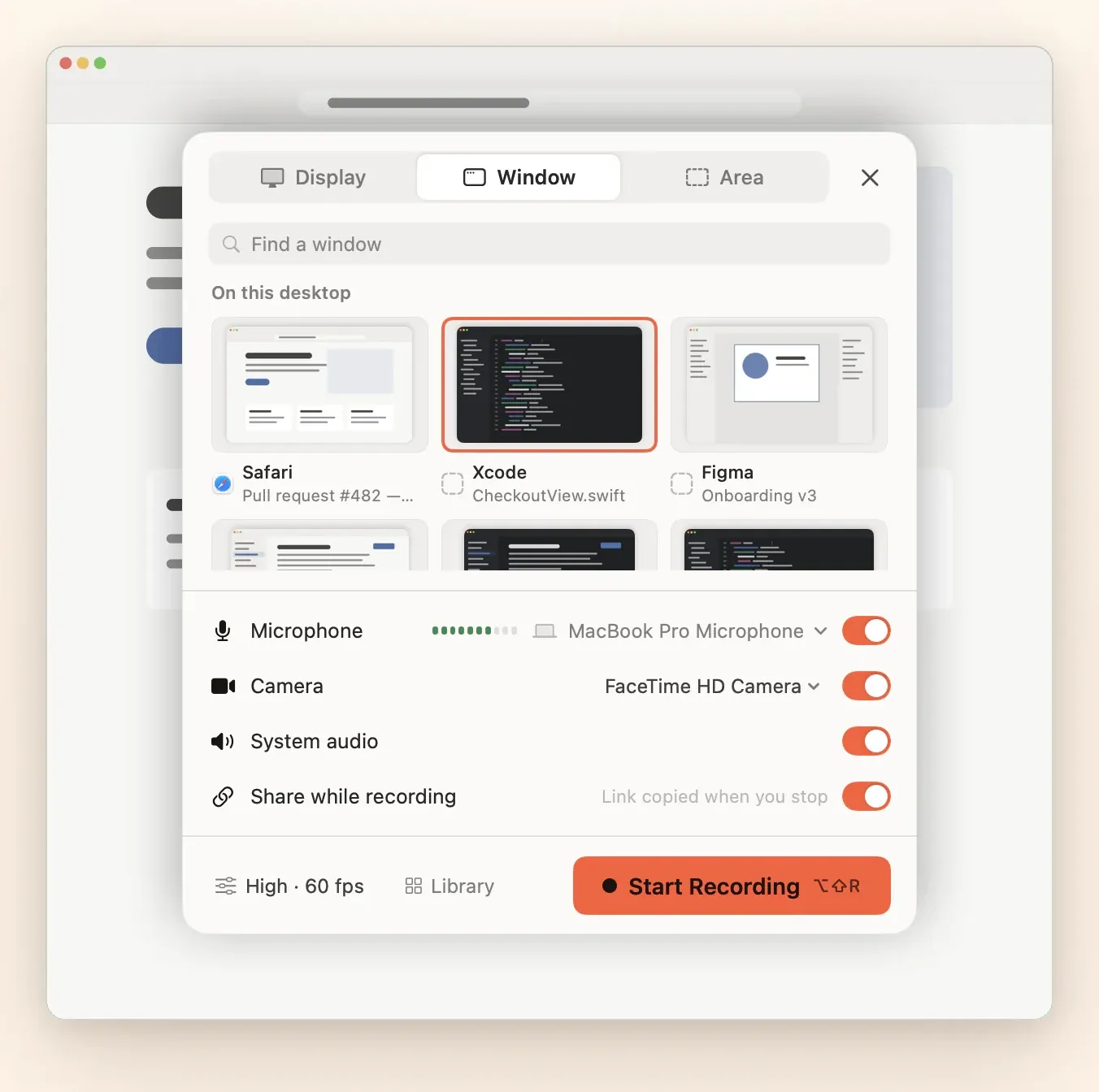The picker with Microphone, Camera, System audio and Share while recording switches.