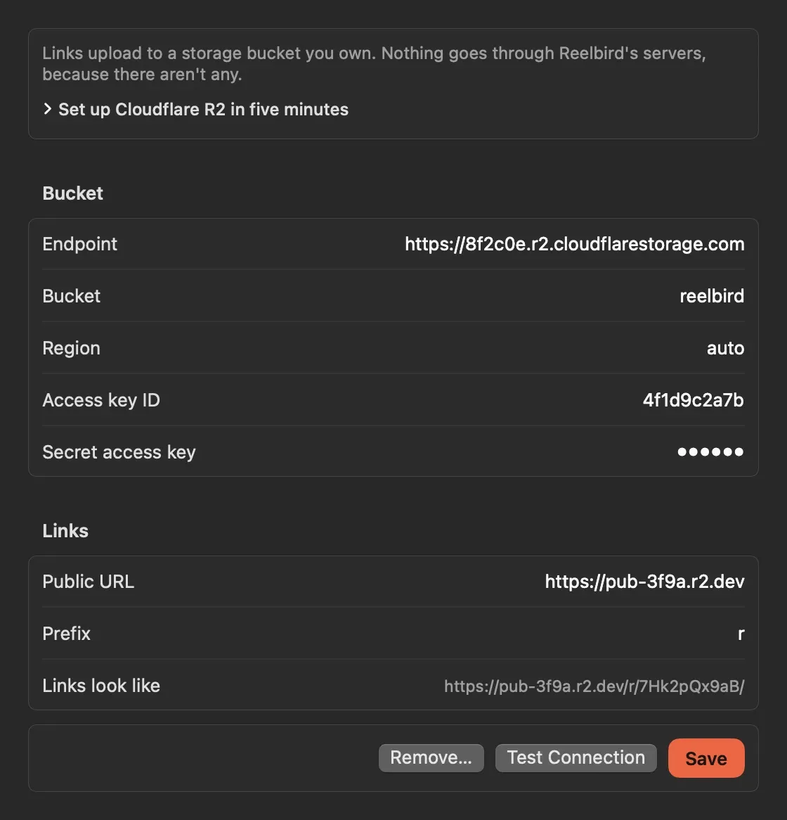 Reelbird's Sharing settings: endpoint, bucket, region, access keys, public URL and prefix, with Test Connection and Save.