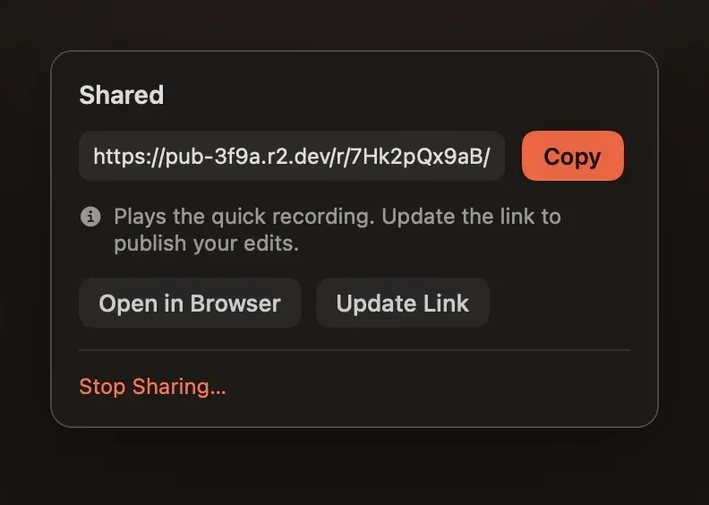 The Shared popover after stopping: the link, a Copy button, Open in Browser and Update Link.
