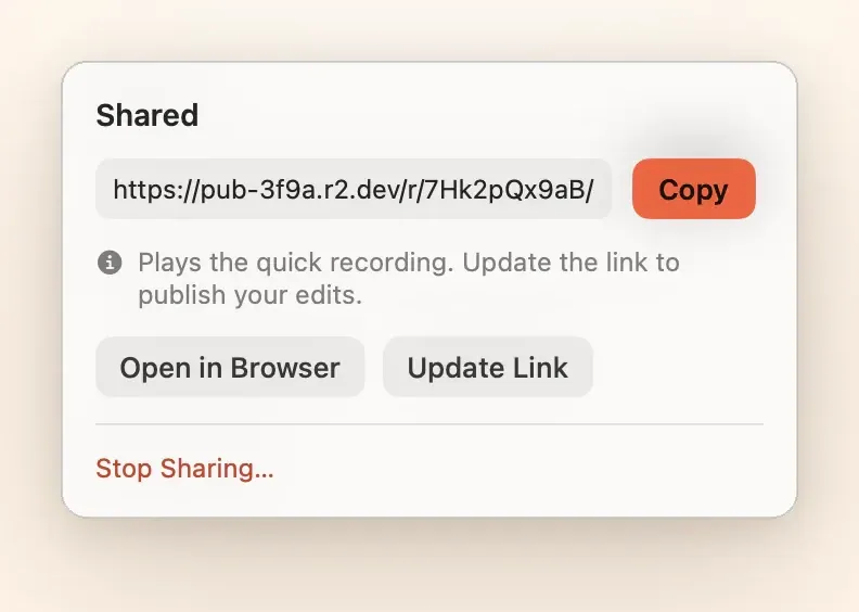 The Shared popover after stopping: the link, a Copy button, Open in Browser and Update Link.